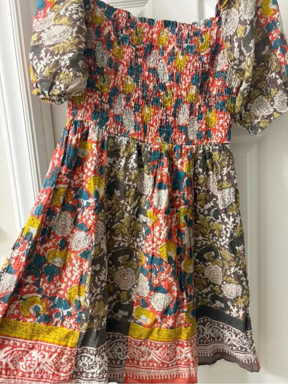Velvet by Graham & Spencer Floral Smocked Casual Dress in Coral, Teal & Yellow